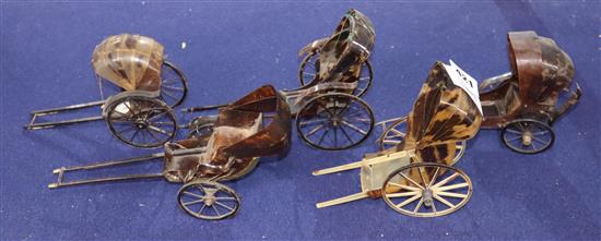 Five Japanese tortoiseshell models of rickshaws, c.1900, longest 18cm